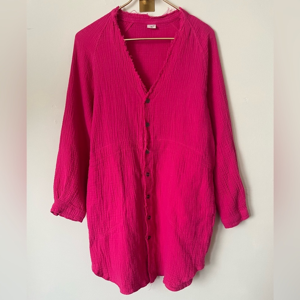 Relaxed beachy summer cotton Button-Down Tunic‎ in Bright Fuchsia S